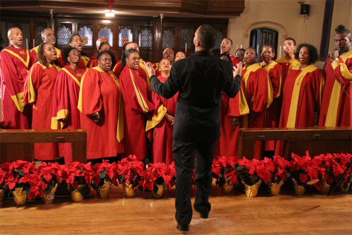 Still image from Janet Biggs Video Vanishing Point: Harlem's Addicts Rehabilitation Center Gospel Choir